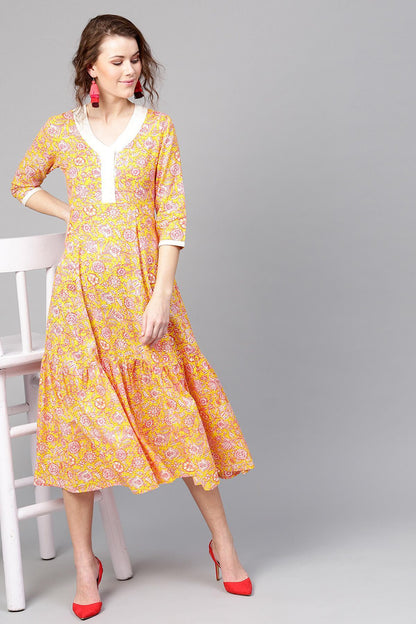 Women's Yellow Pink Floral Tiered Dress