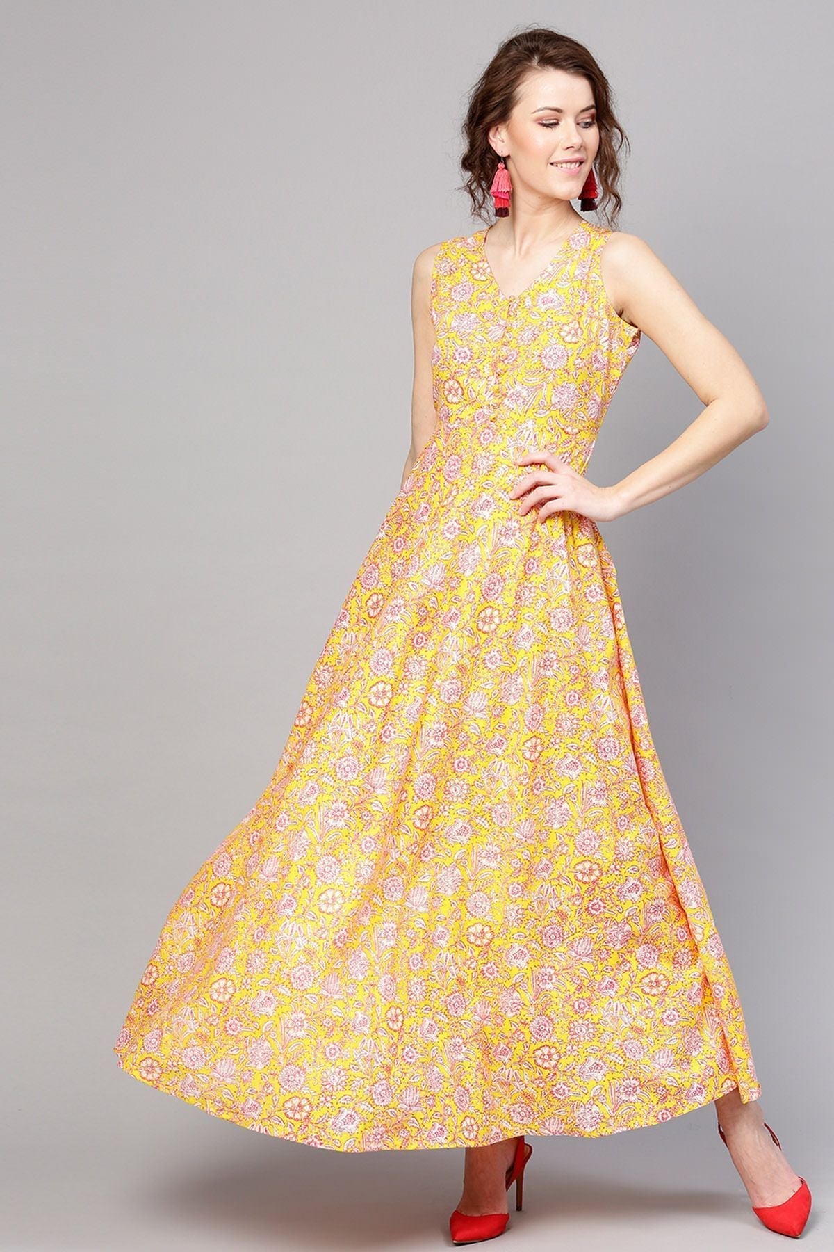 Women's Yellow Pink Floral Sleeveless Flared Maxi