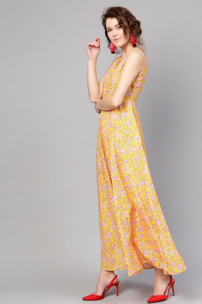 Women's Yellow Pink Floral Sleeveless Flared Maxi
