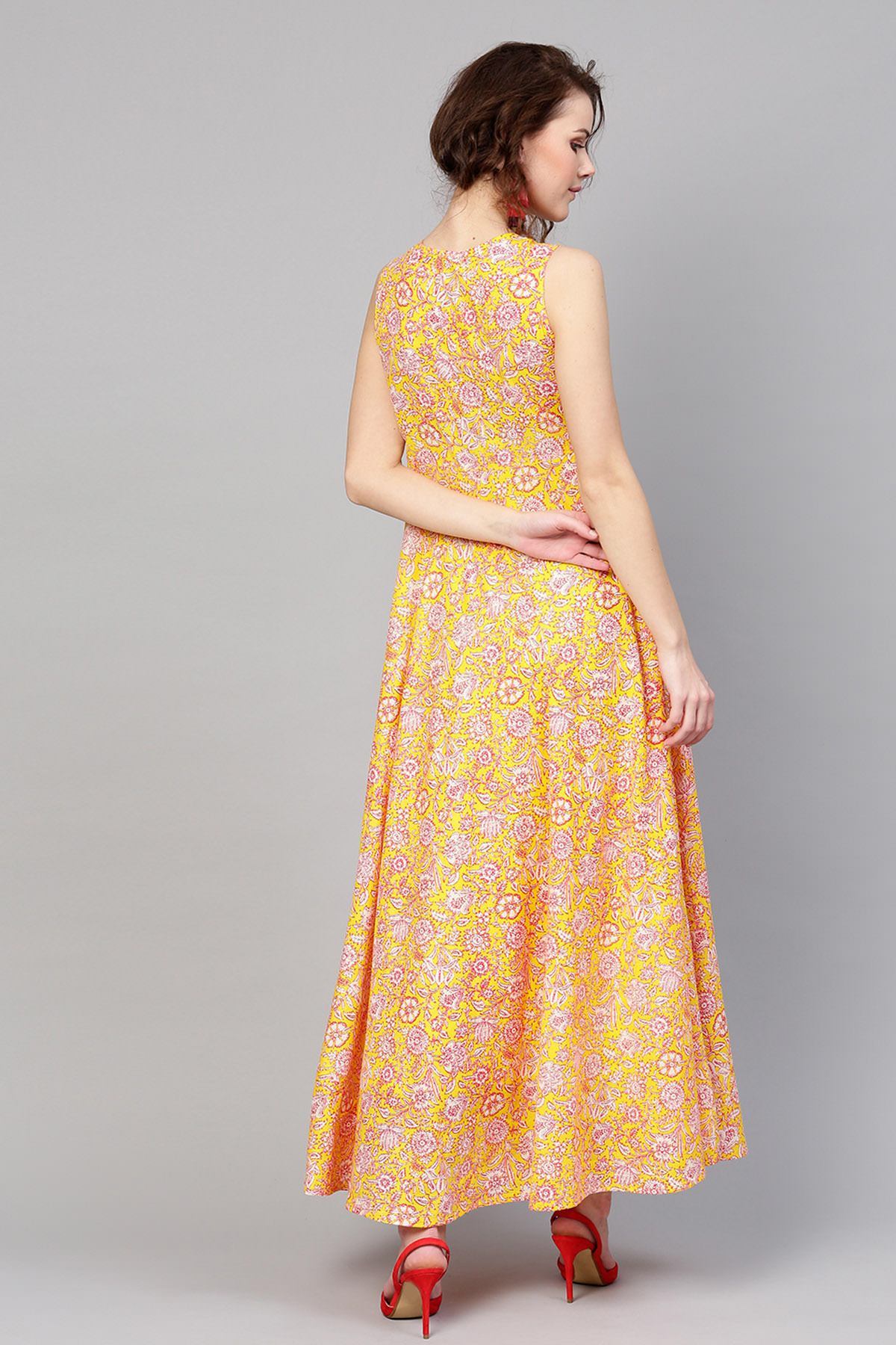 Women's Yellow Pink Floral Sleeveless Flared Maxi
