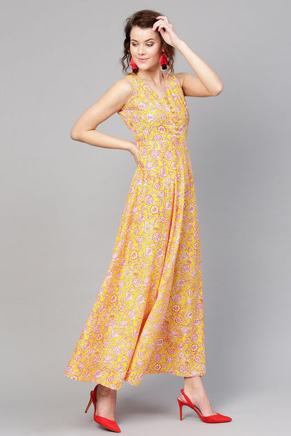 Women's Yellow Pink Floral Sleeveless Flared Maxi