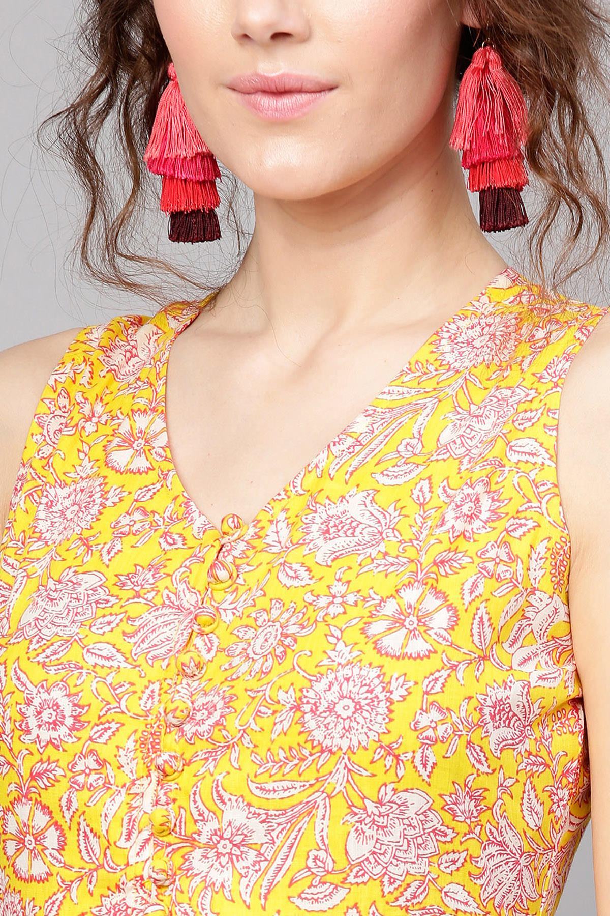 Women's Yellow Pink Floral Sleeveless Flared Maxi