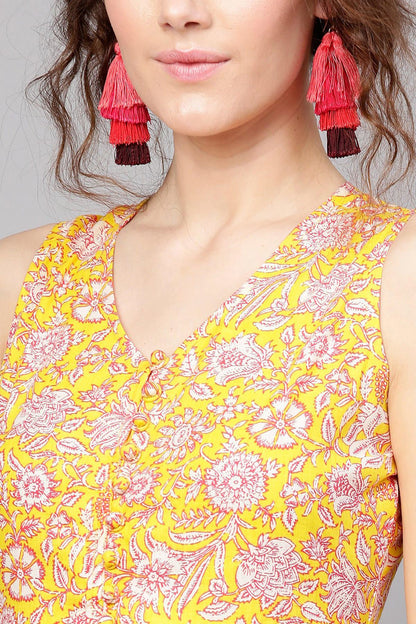 Women's Yellow Pink Floral Sleeveless Flared Maxi