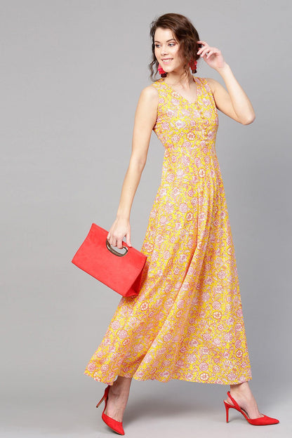 Women's Yellow Pink Floral Sleeveless Flared Maxi