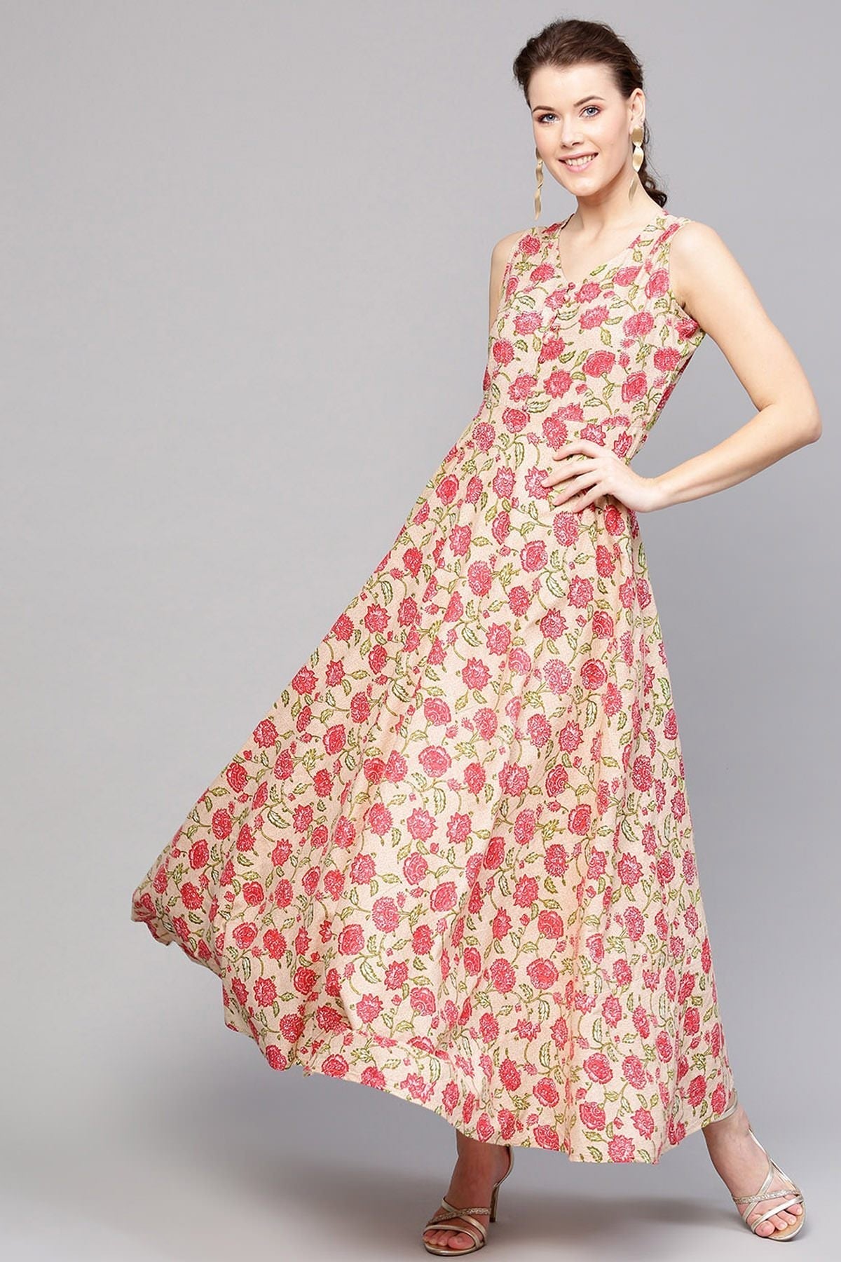 Women's Beige Pink Floral Sleeveless Flared Maxi