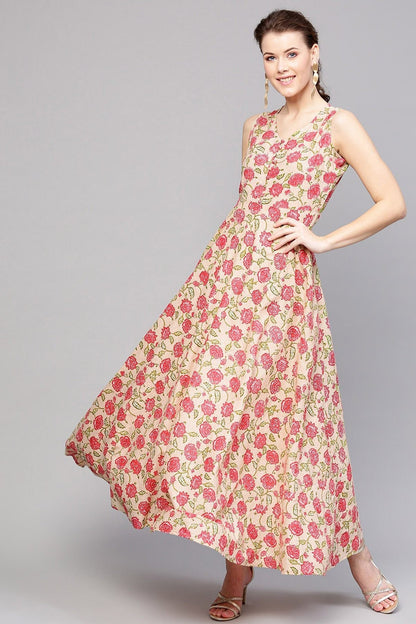 Women's Beige Pink Floral Sleeveless Flared Maxi