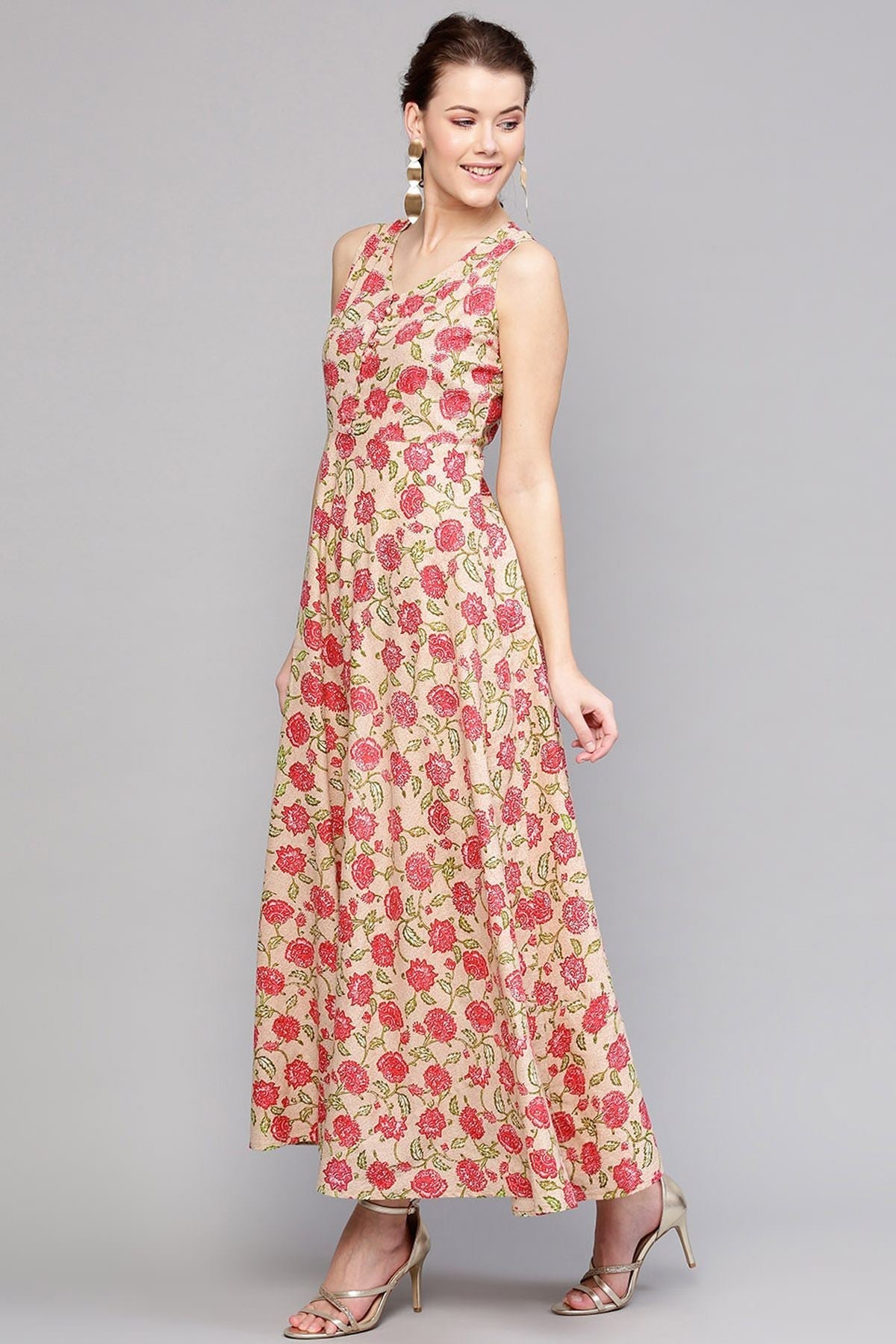 Women's Beige Pink Floral Sleeveless Flared Maxi