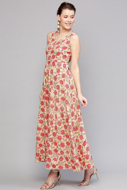 Women's Beige Pink Floral Sleeveless Flared Maxi