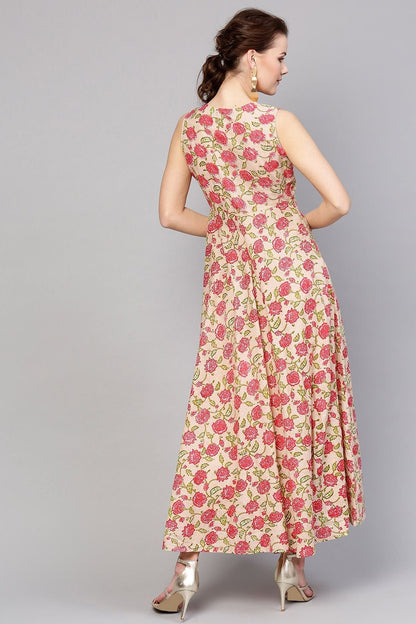 Women's Beige Pink Floral Sleeveless Flared Maxi