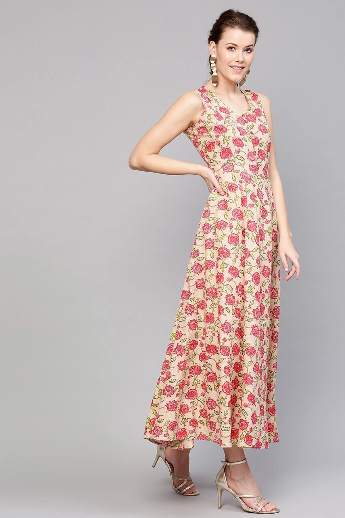 Women's Beige Pink Floral Sleeveless Flared Maxi