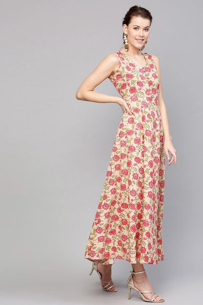 Women's Beige Pink Floral Sleeveless Flared Maxi