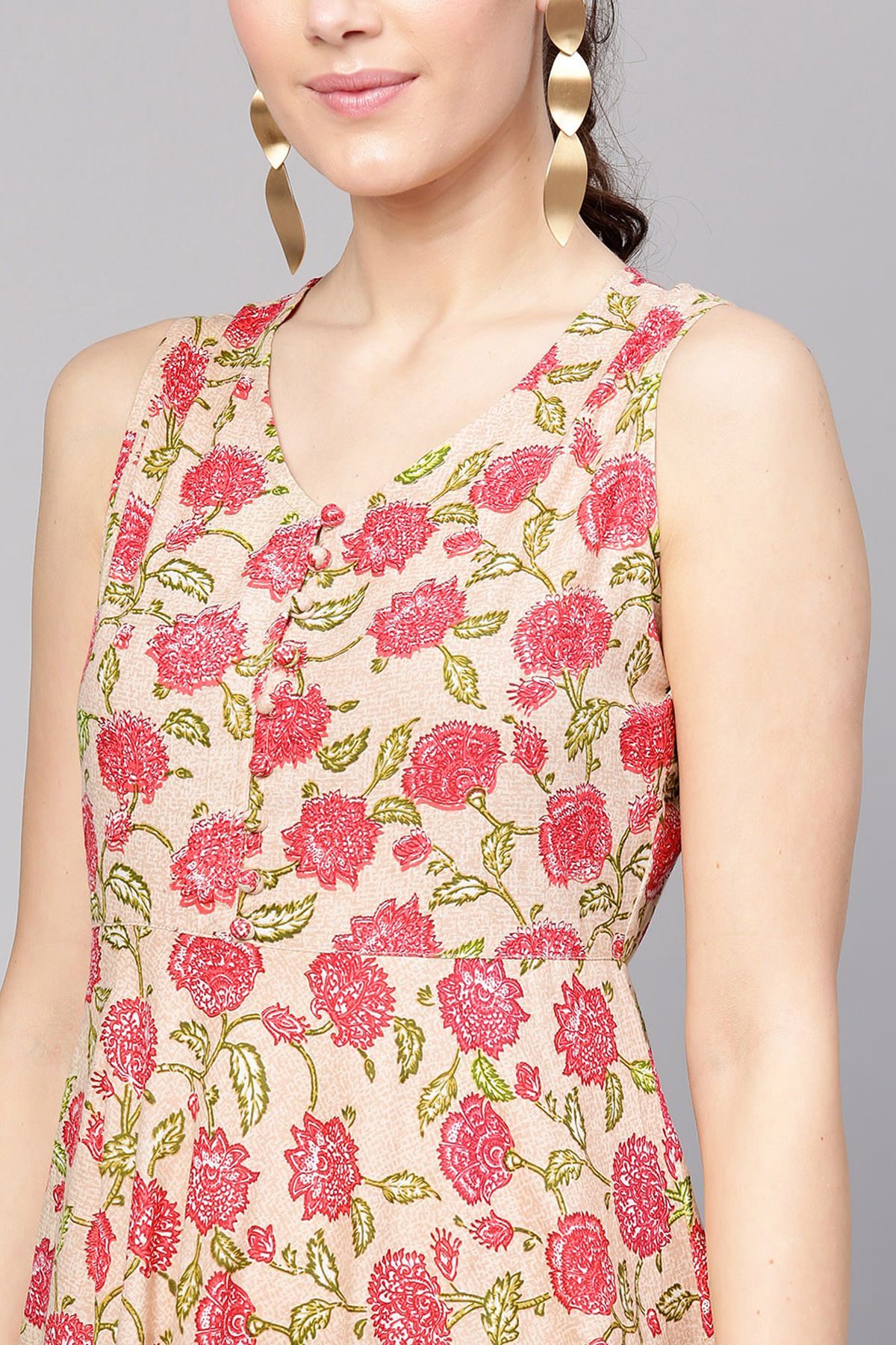 Women's Beige Pink Floral Sleeveless Flared Maxi
