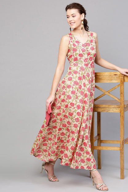 Women's Beige Pink Floral Sleeveless Flared Maxi