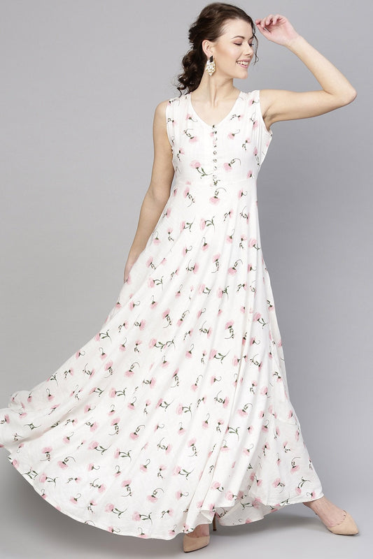 Women's White Floral Sleeveless Flared Maxi