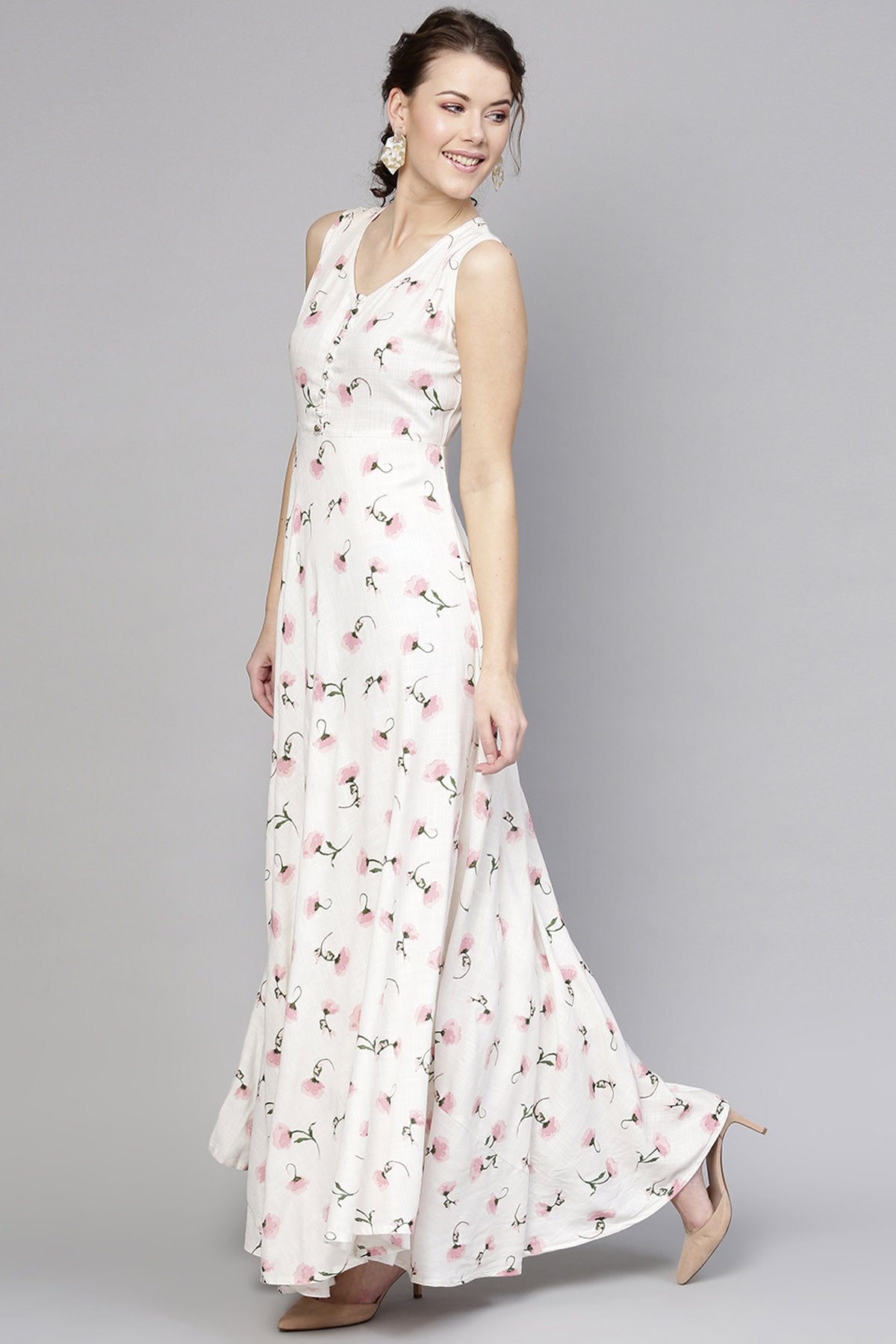 Women's White Floral Sleeveless Flared Maxi