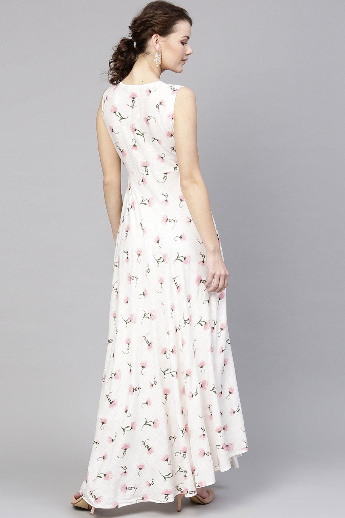 Women's White Floral Sleeveless Flared Maxi