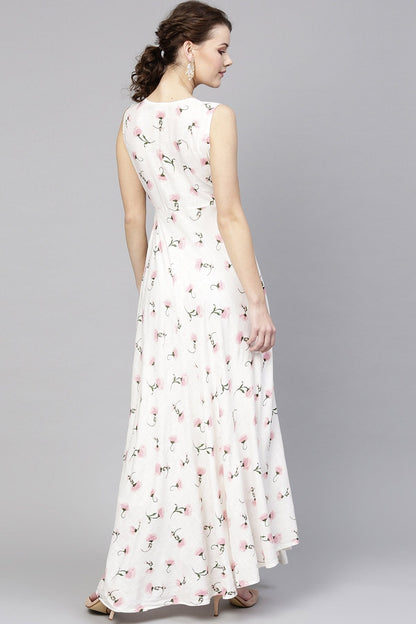 Women's White Floral Sleeveless Flared Maxi