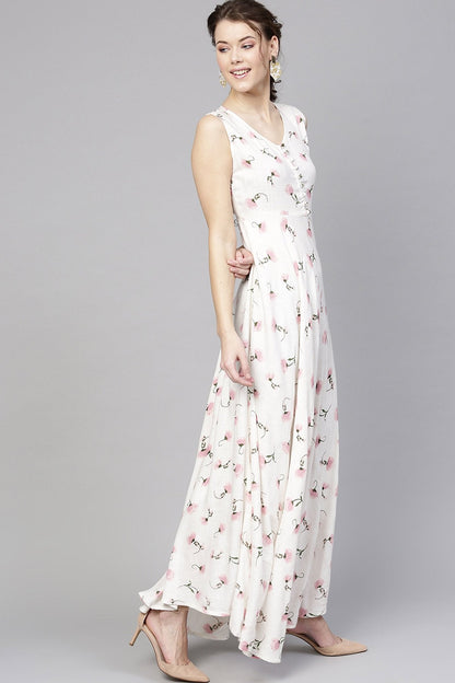 Women's White Floral Sleeveless Flared Maxi