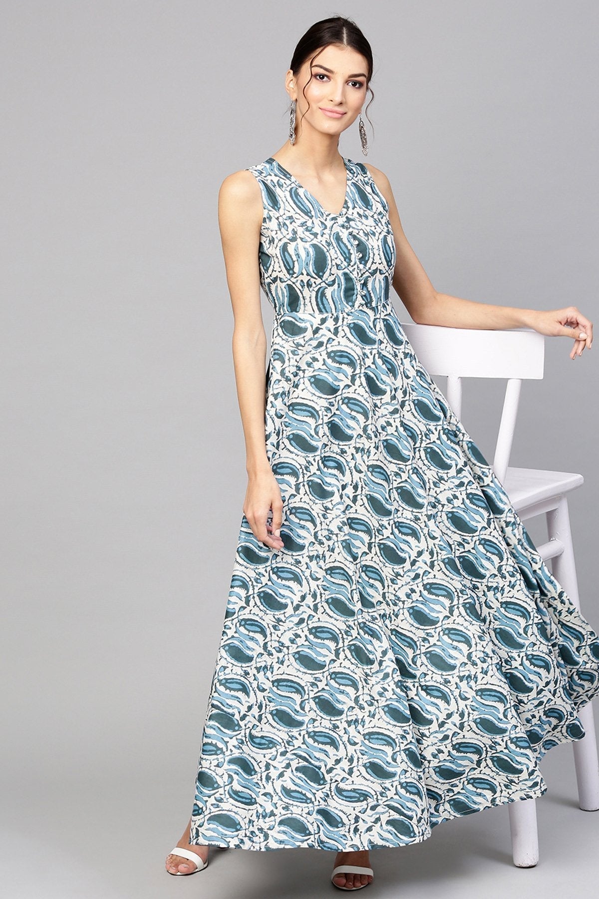 Women's Indigo Paisley Sleeveless Flared Maxi