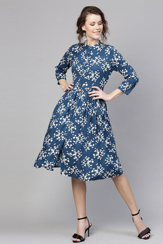 Women's Navy Ditsy Floral Front Placket Dress