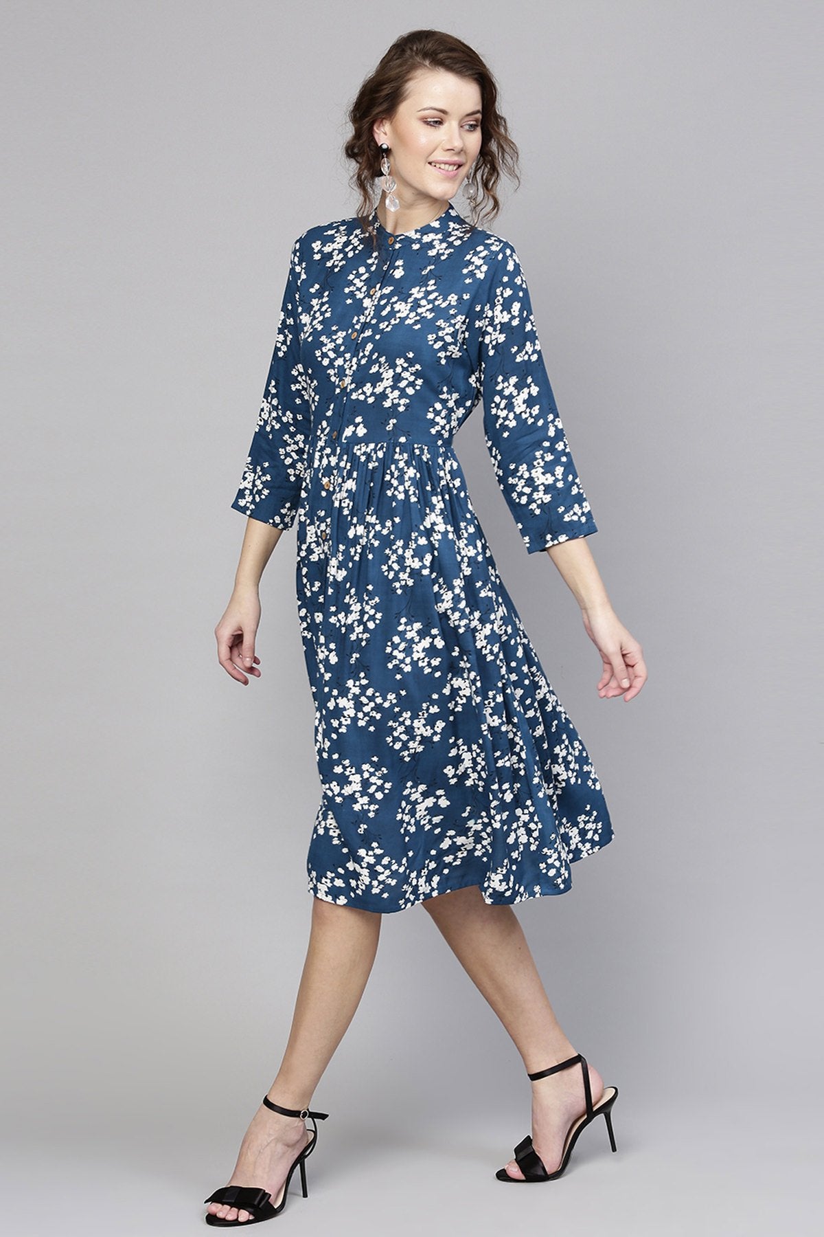 Women's Navy Ditsy Floral Front Placket Dress