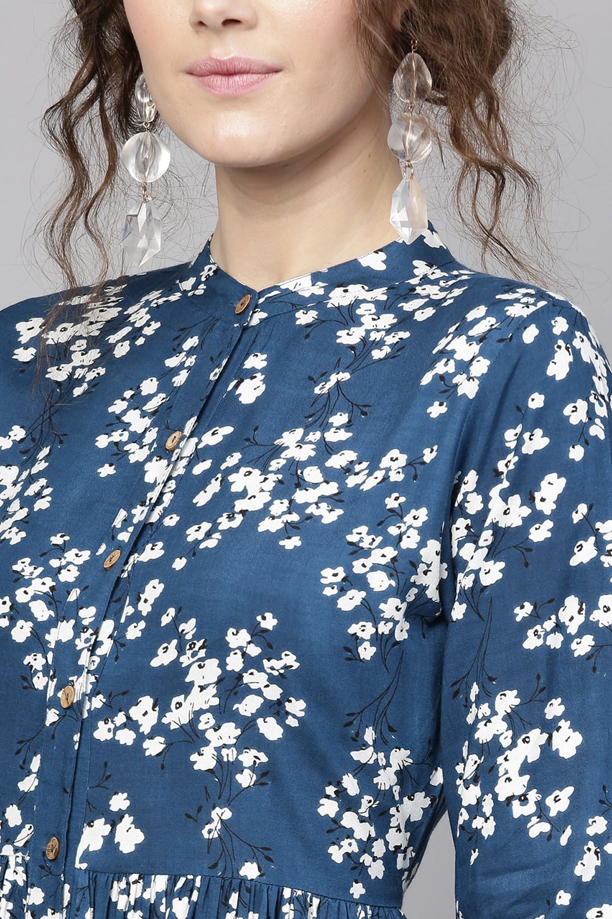 Women's Navy Ditsy Floral Front Placket Dress