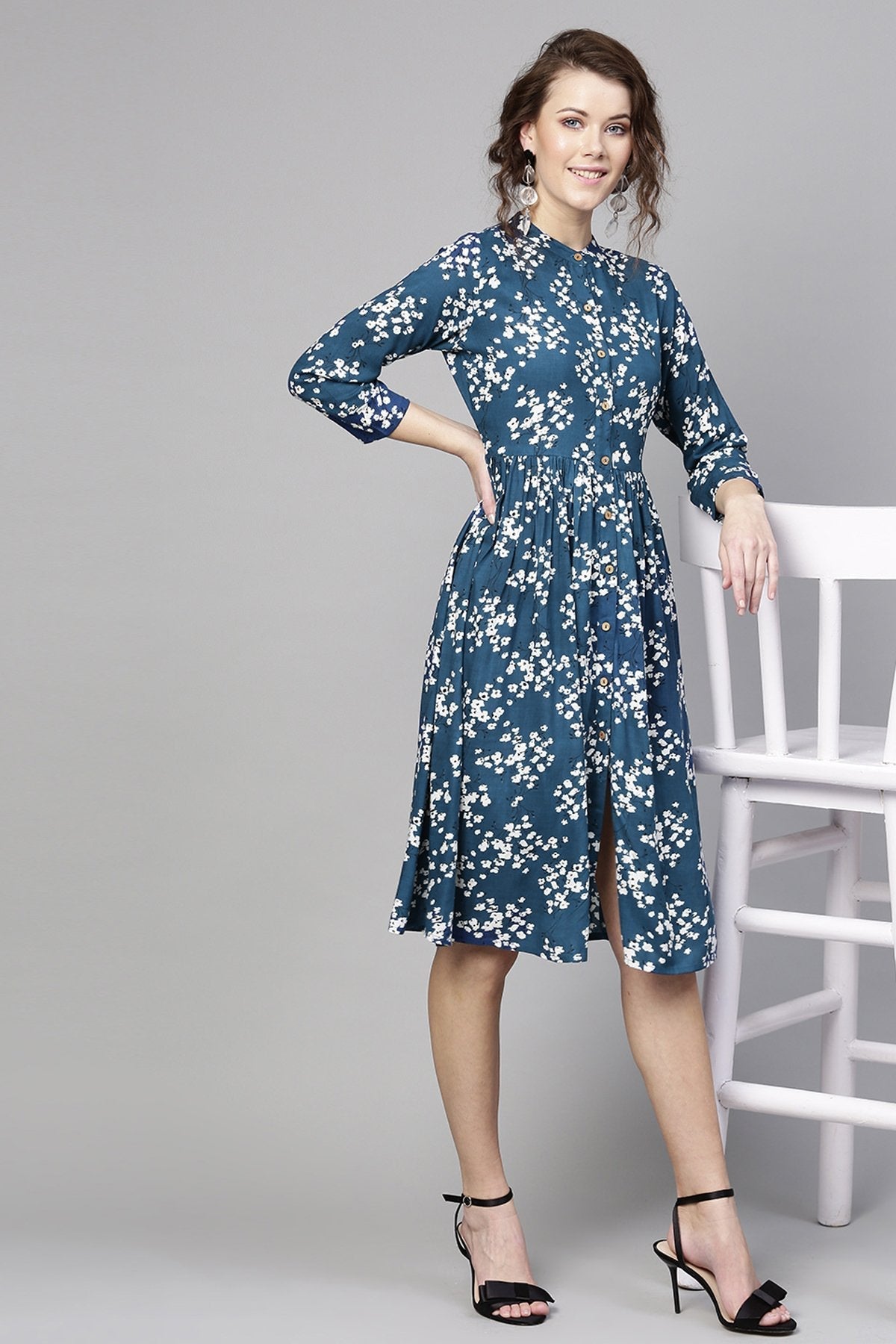 Women's Navy Ditsy Floral Front Placket Dress