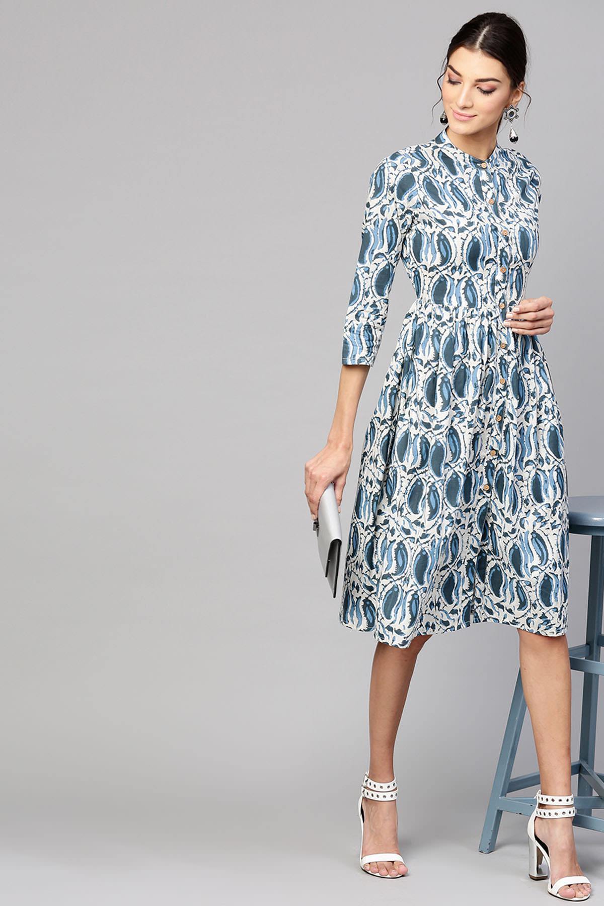 Women's Indigo Paisley Front Placket Dress