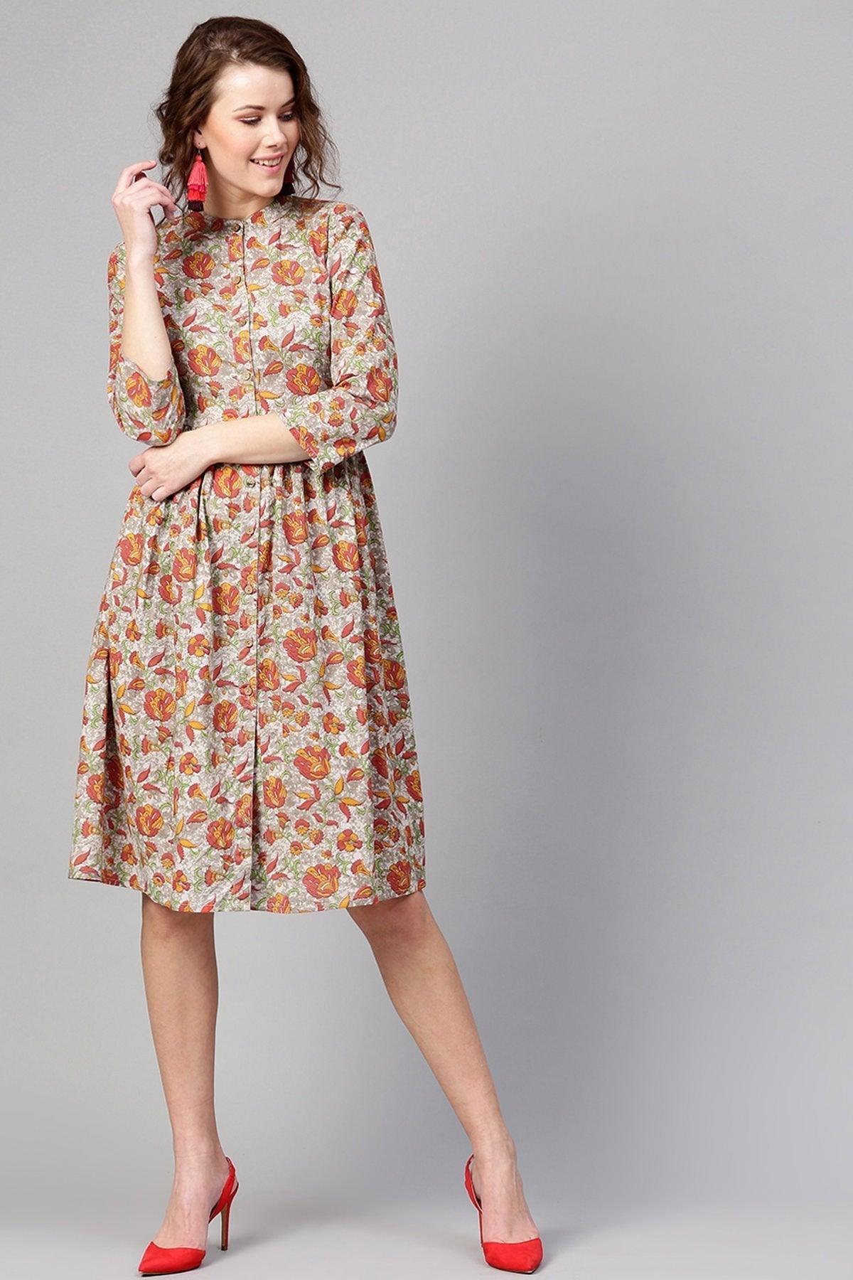 Women's Grey Orange Floral Front Placket Dress