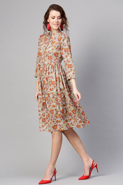 Women's Grey Orange Floral Front Placket Dress