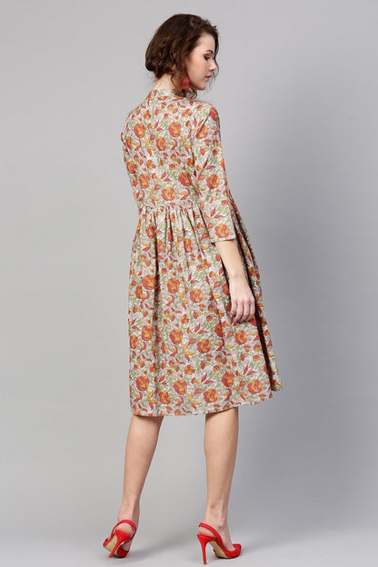 Women's Grey Orange Floral Front Placket Dress