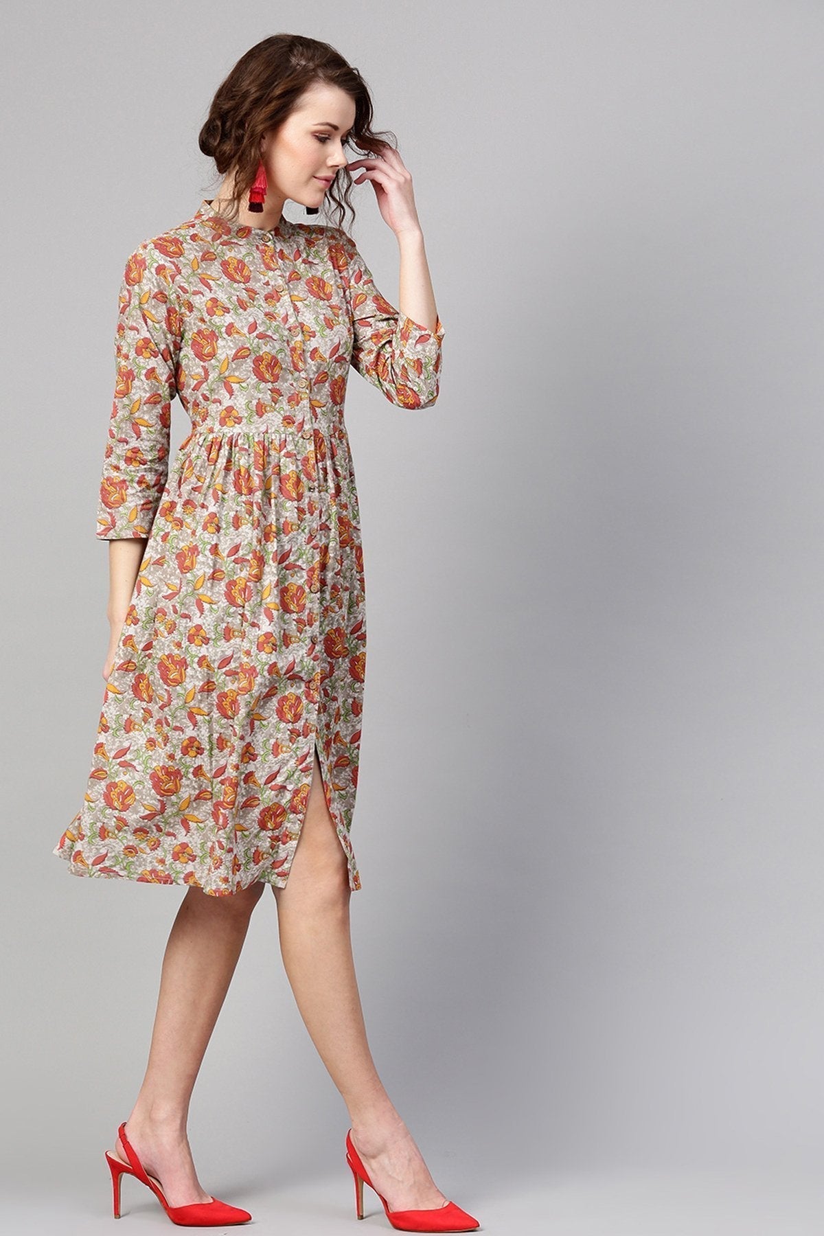 Women's Grey Orange Floral Front Placket Dress