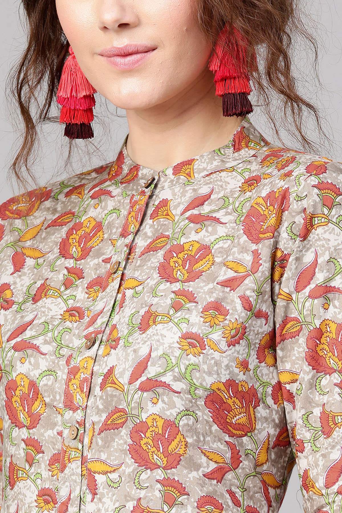 Women's Grey Orange Floral Front Placket Dress