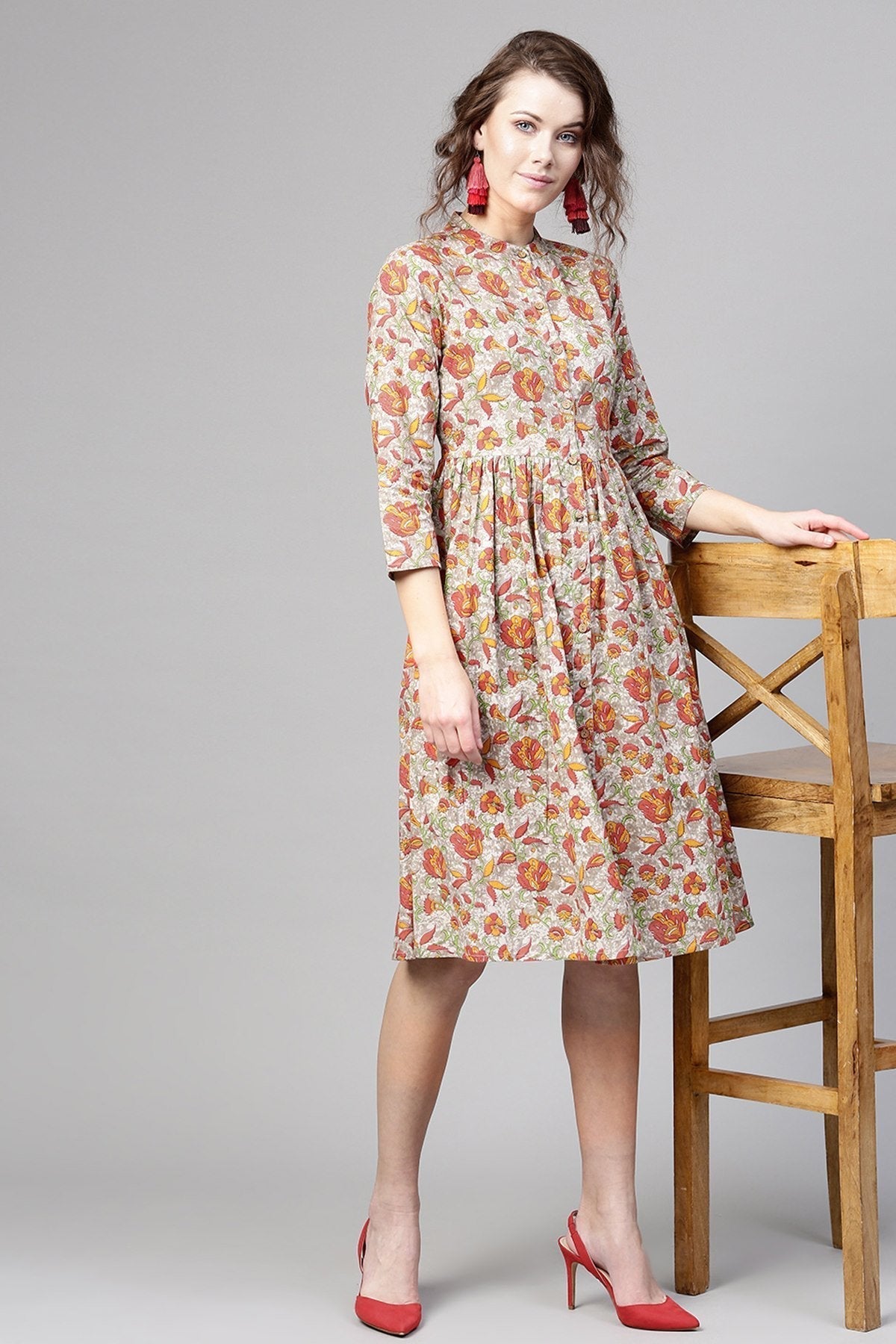 Women's Grey Orange Floral Front Placket Dress