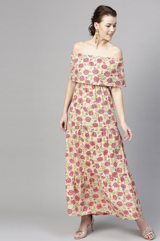 Women's Beige Pink Floral Off Shoulder Tiered Maxi