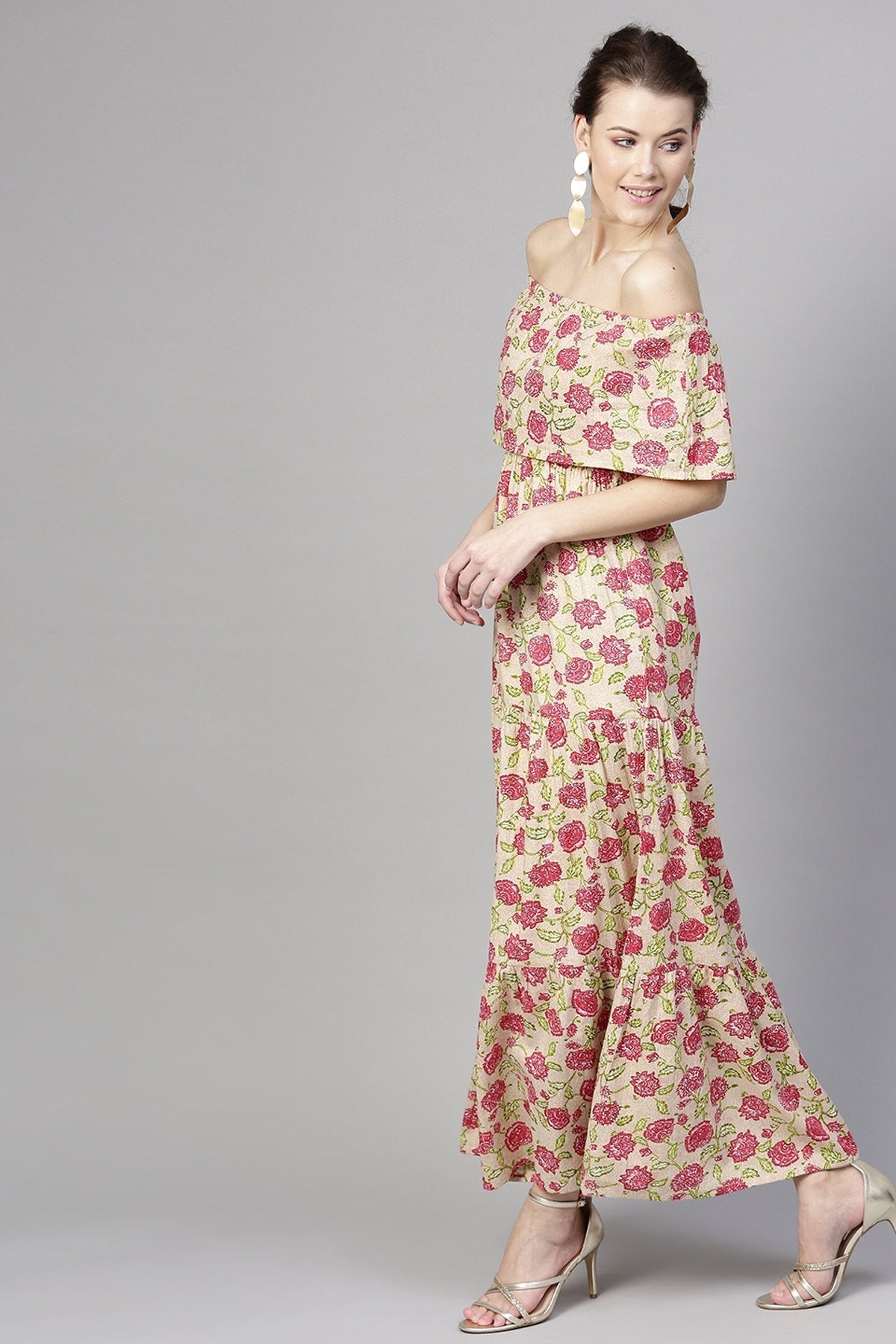 Women's Beige Pink Floral Off Shoulder Tiered Maxi