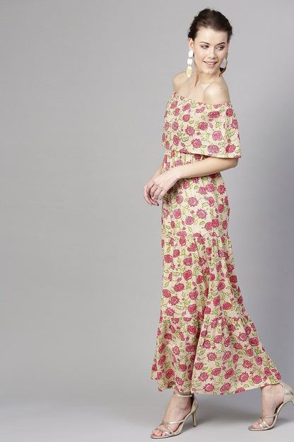 Women's Beige Pink Floral Off Shoulder Tiered Maxi