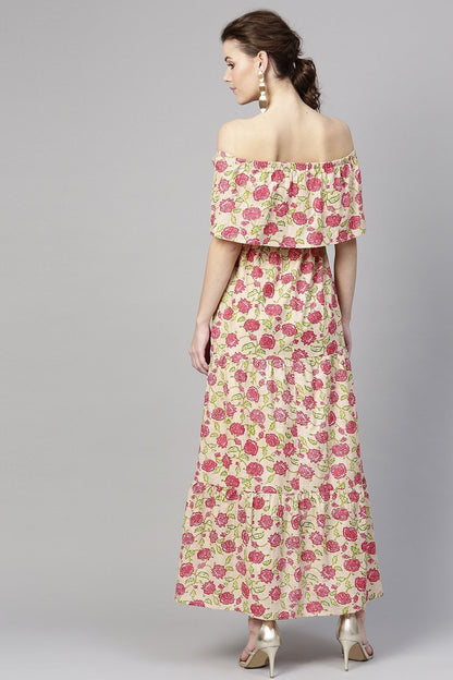 Women's Beige Pink Floral Off Shoulder Tiered Maxi