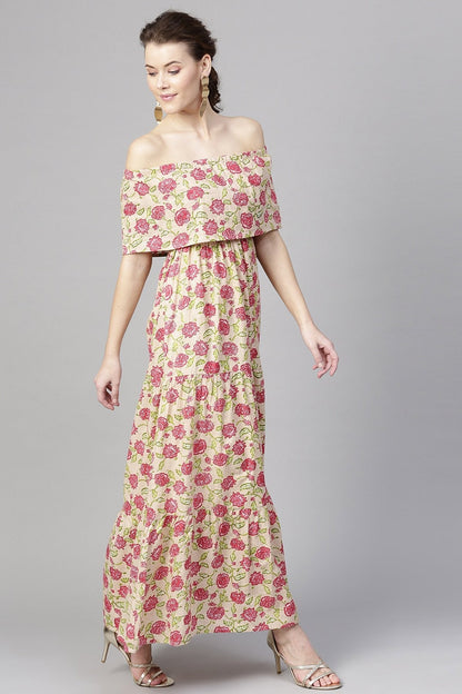 Women's Beige Pink Floral Off Shoulder Tiered Maxi