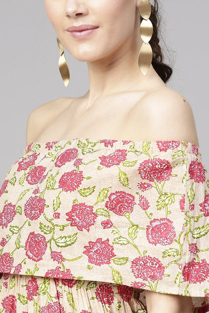 Women's Beige Pink Floral Off Shoulder Tiered Maxi