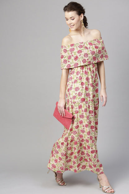 Women's Beige Pink Floral Off Shoulder Tiered Maxi
