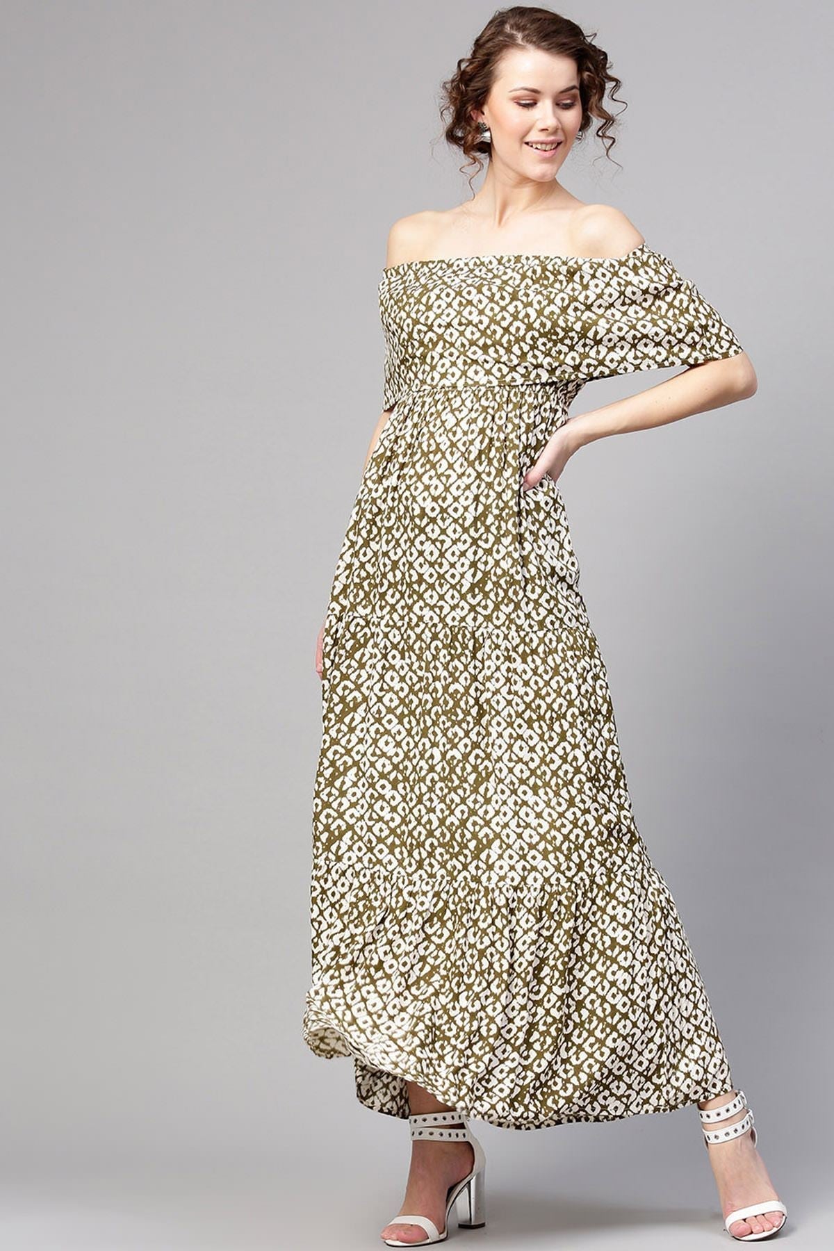 Women's Olive Geo Print Off Shoulder Tiered Maxi