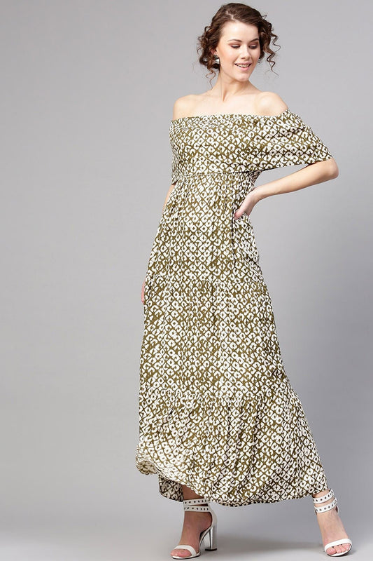Women's Olive Geo Print Off Shoulder Tiered Maxi