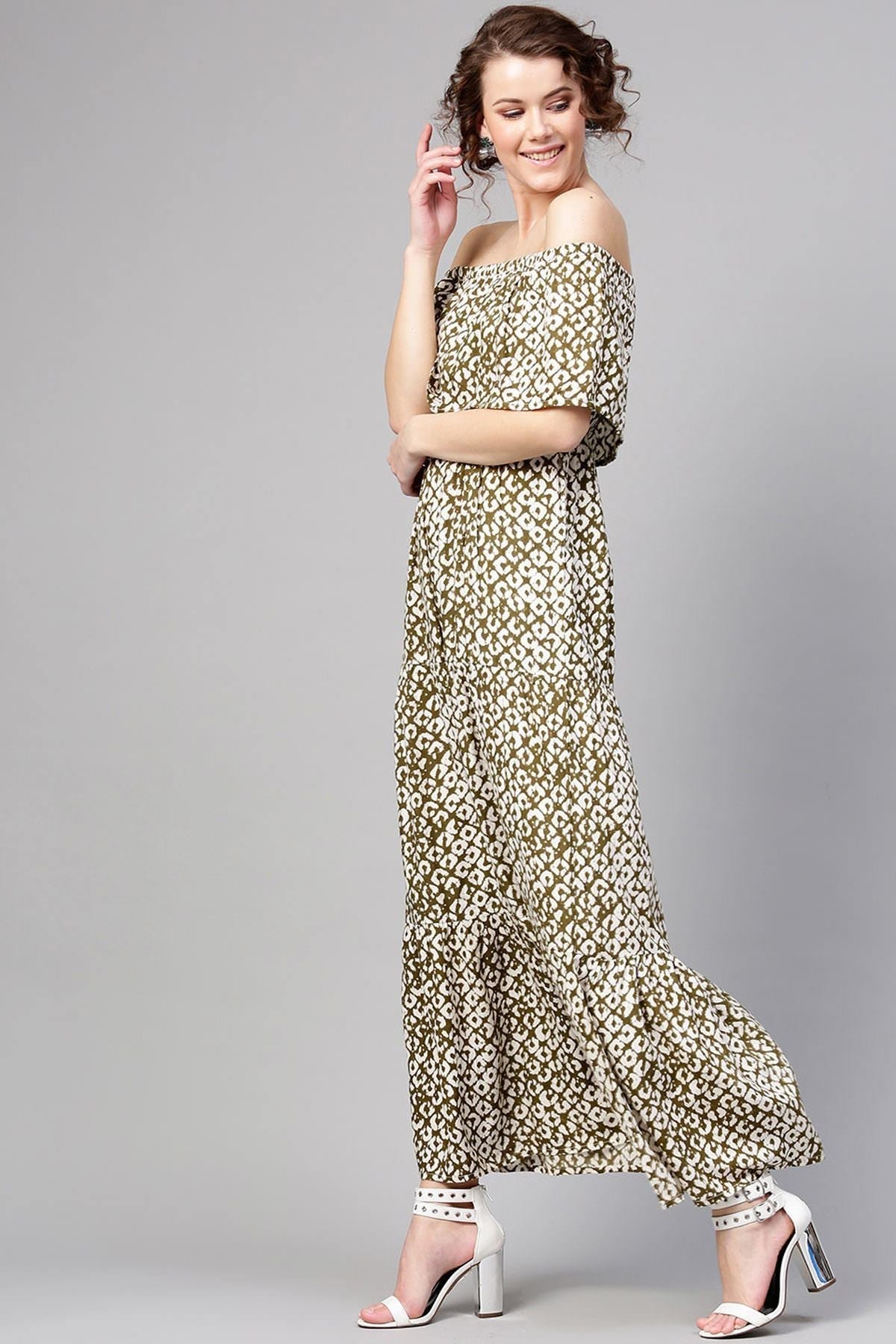 Women's Olive Geo Print Off Shoulder Tiered Maxi