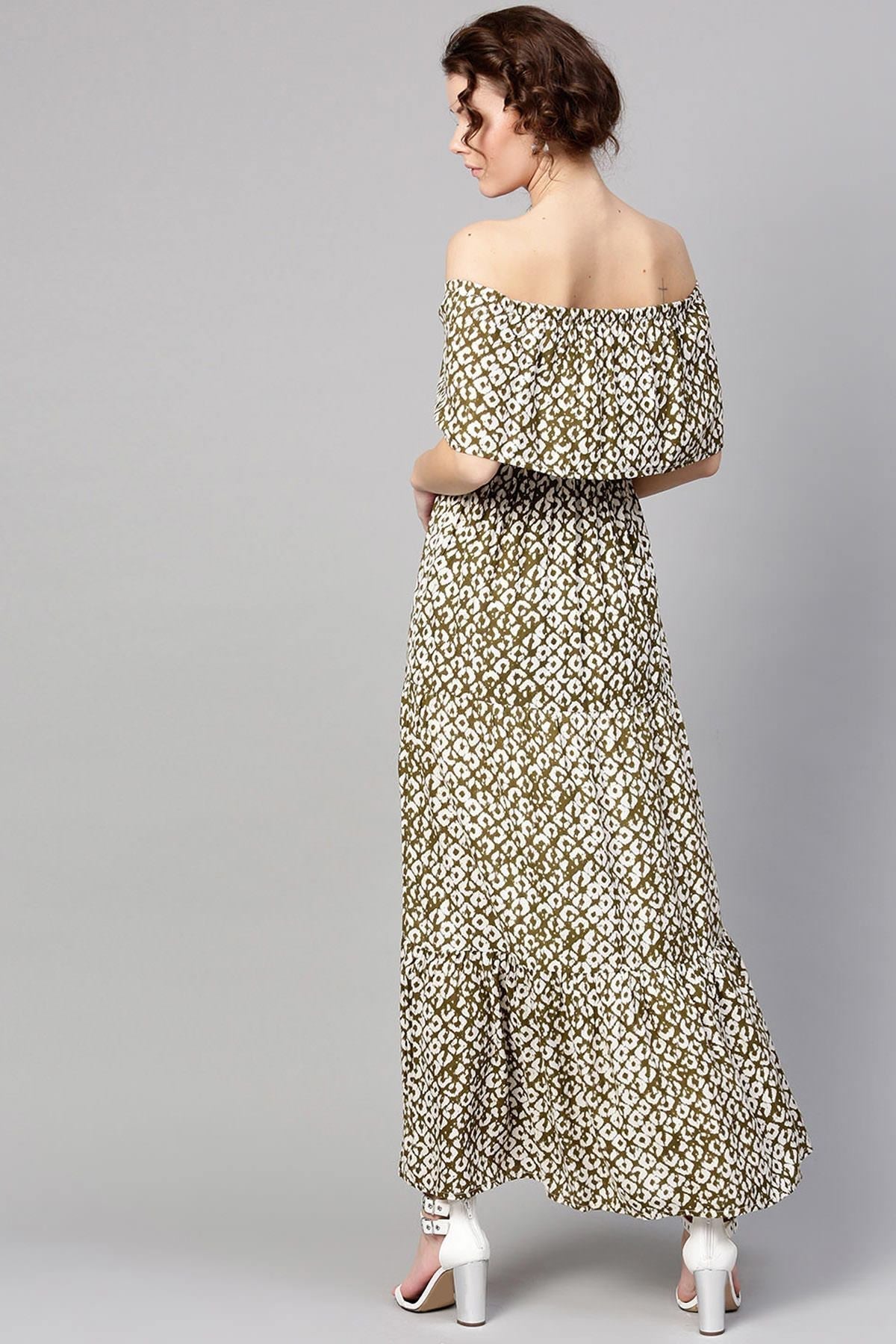 Women's Olive Geo Print Off Shoulder Tiered Maxi