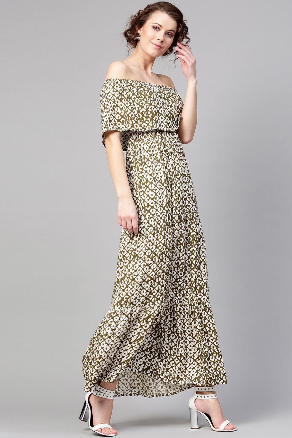 Women's Olive Geo Print Off Shoulder Tiered Maxi