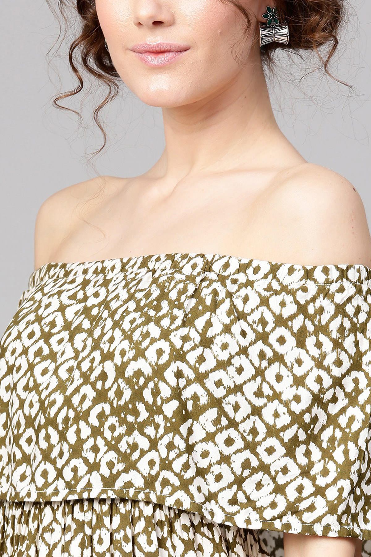 Women's Olive Geo Print Off Shoulder Tiered Maxi