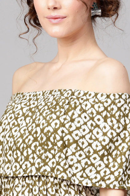 Women's Olive Geo Print Off Shoulder Tiered Maxi