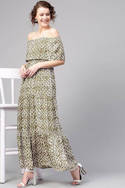 Women's Olive Geo Print Off Shoulder Tiered Maxi