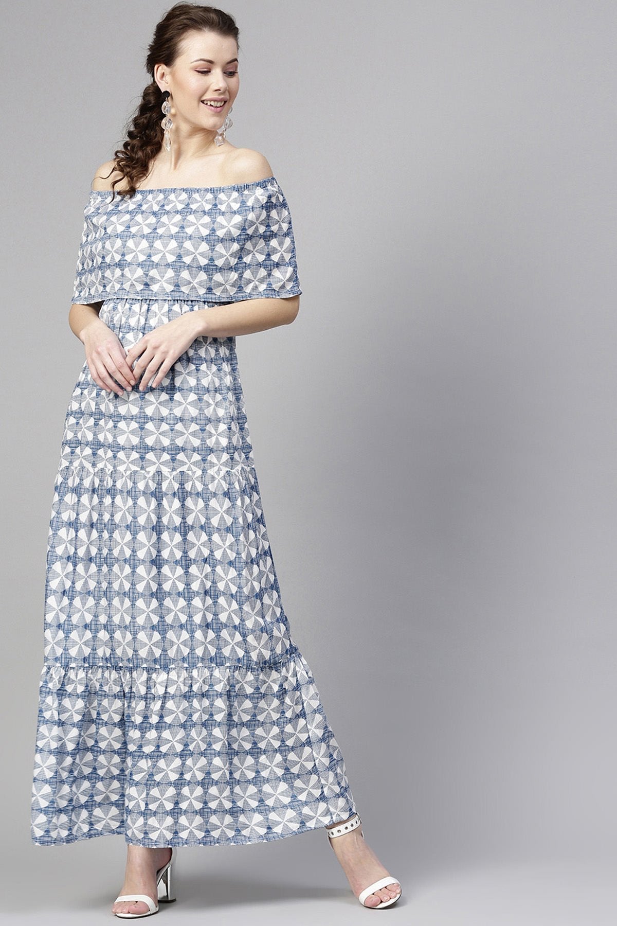 Women's Blue Geo Print Off Shoulder Tiered Maxi